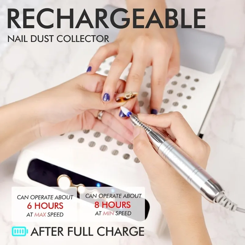 Rechargeable Nail Dust Collector with 2 Reusable Filters, Professional 70W Nail Extractor Vacuum Acrylic Nail Dust Cleaner,