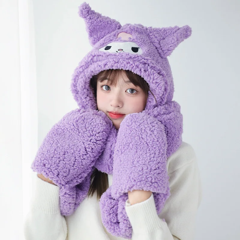 Kawaii Sanrio Kuromi Hello Kitty My Melody Plush Soft Scarf Hat Glove Anime Winter Windproof Warm Scarf Set Girl Winter Cap Gift