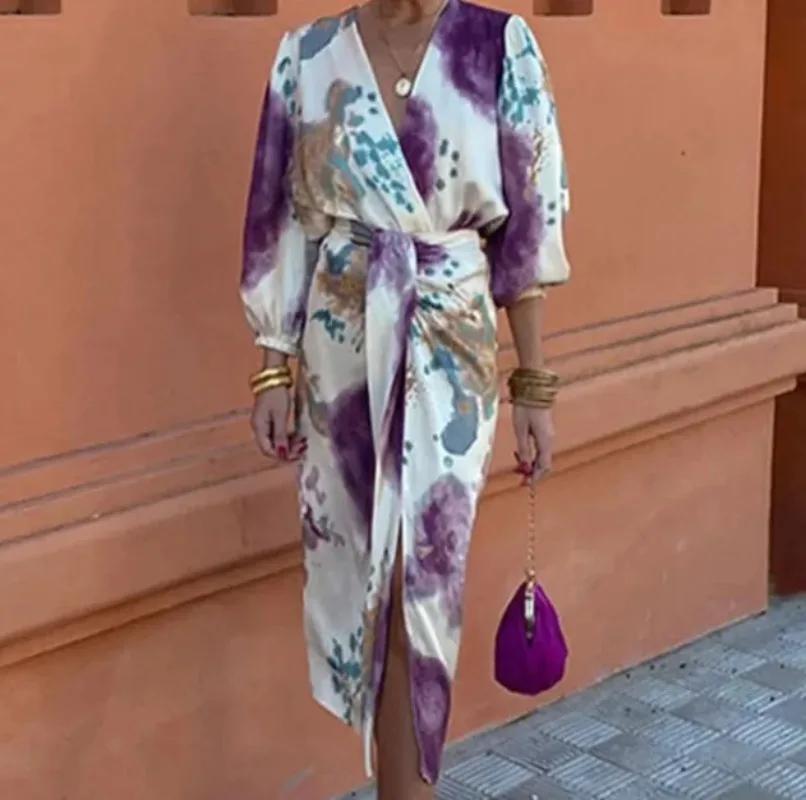 

Vacation Skirt Set Woman Summer Sexy Tie Dye Print 2-Piece Set V-Neck Long Sleeved Elegant Shirt Top High Waisted Slit Skirt Set