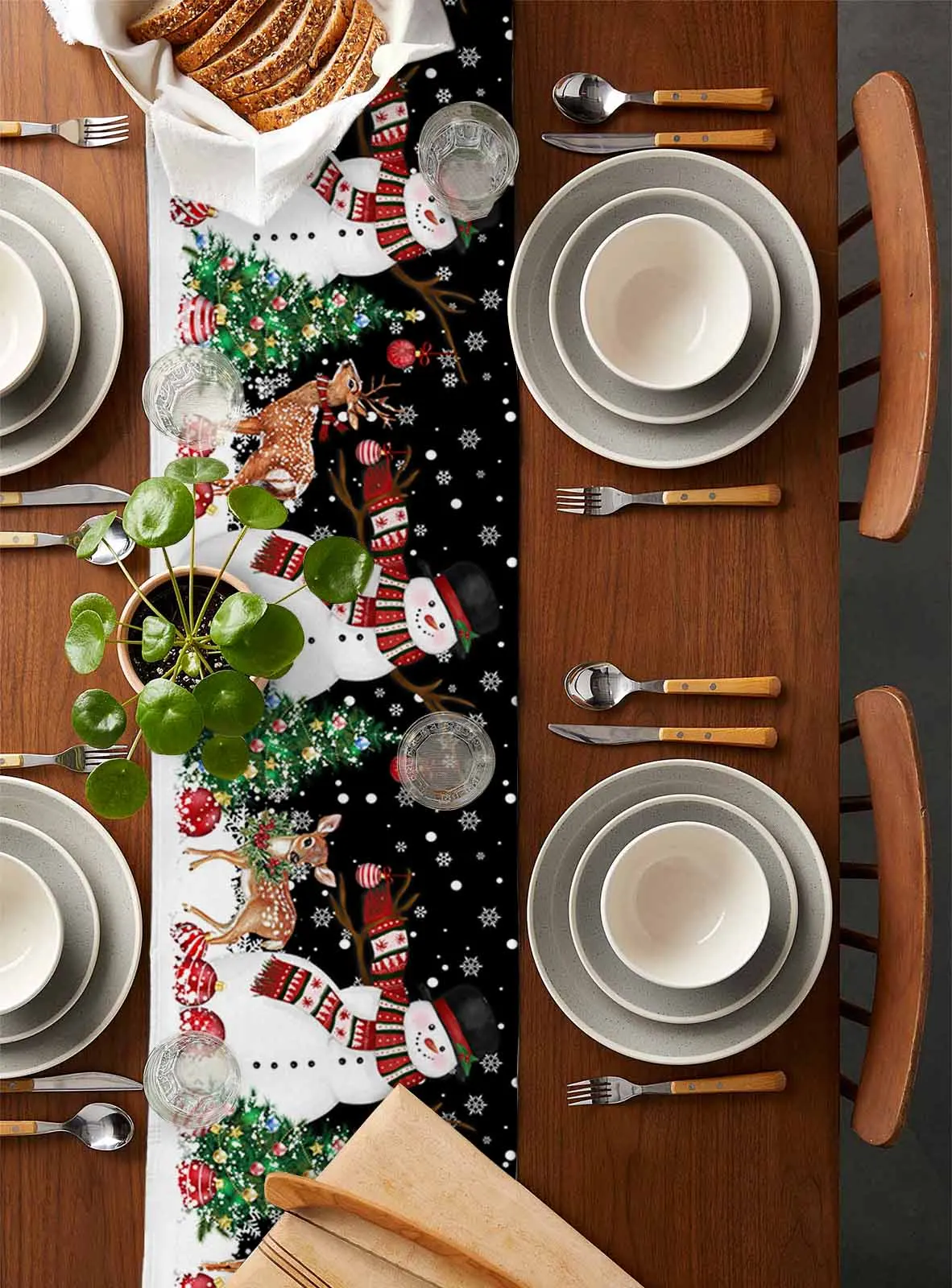 Snowflake Christmas Tree Deer Snowman Table Runner Wedding Dining Table Decoration Table Runner Kitchen Dining Tablecloth