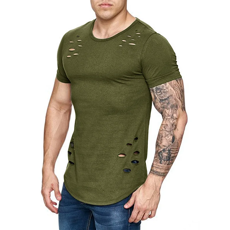 Camiseta de manga corta para hombre, prenda de vestir cómoda, ajustada y suave, con agujeros irregulares, de secado rápido, con cuello redondo, para gimnasio y entrenamiento