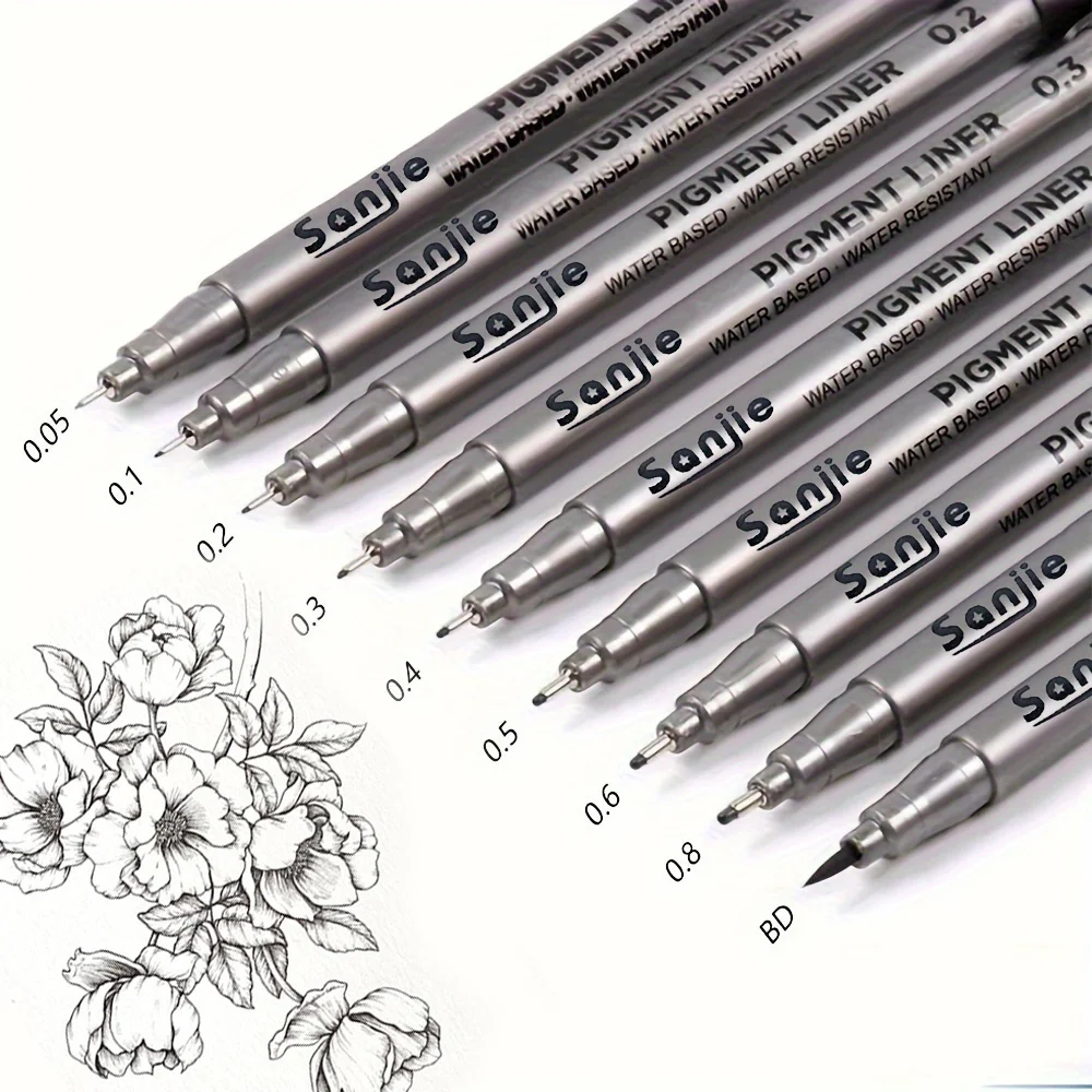 9-Piece Fine Line Waterproof Ink Pen Set, Various Tip Sizes, Ideal for Detailed Sketches, Journals, Outlines, Cartoon Animation