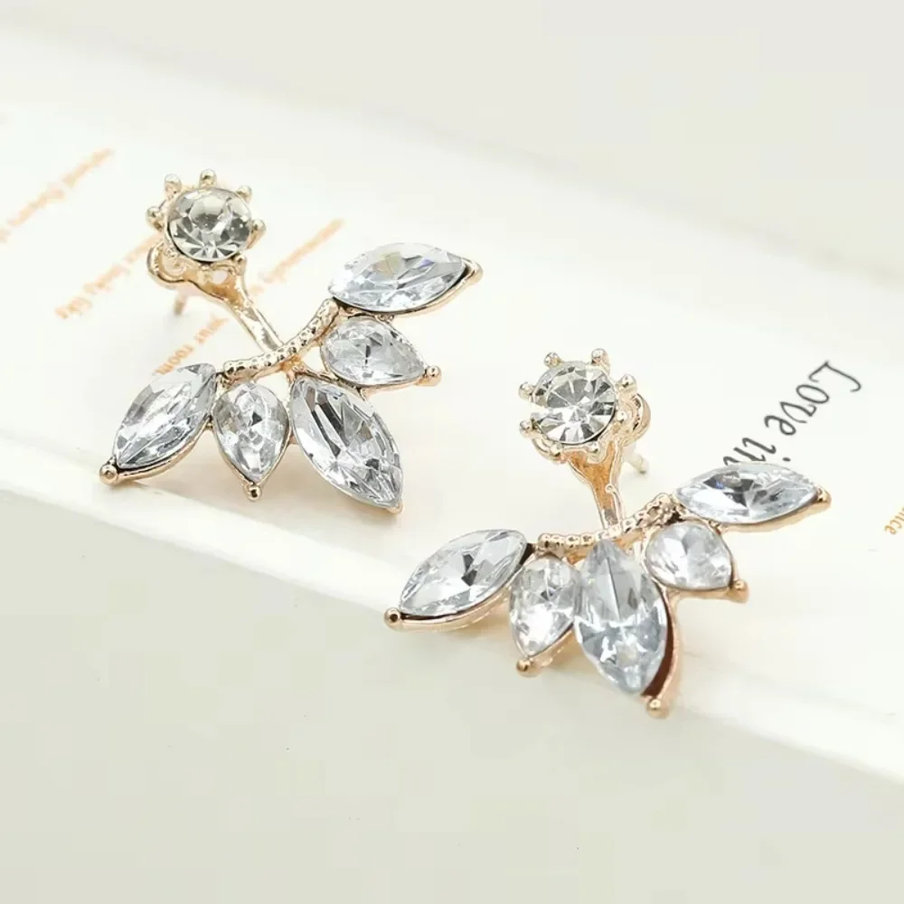 FSUNION New Zircon Crystal Ear Cuff Clip Leaf Stud Earrings For Women Piercing Fine Jewelry Brincos Gift 2024