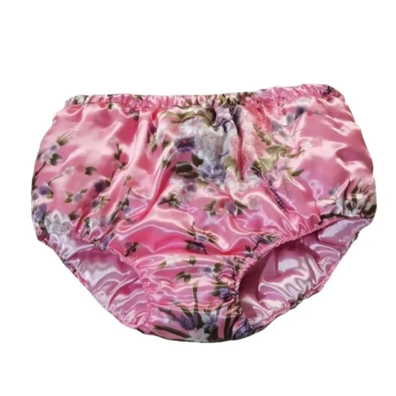 수제 여성 팬티 핑크 새틴 광택 코튼 브리프 시시 플로럴 프린트 코튼 패딩 따뜻한 파티 섹시 코스튬 팬티