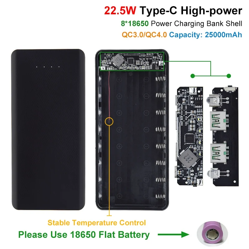 

QC4.0 QC3.0 Dual USB Micro/Type-C USB 8*18650 Power Bank Battery Box 5V 4.5A 22.5W 25000mAh Mobile Phone Charger DIY Shell Case