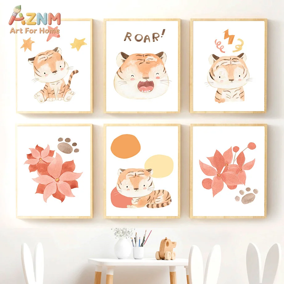 AZNM Soft Watercolor Baby Tiger Canvas Wall Art Cute Cub Star Floral Paw Print Warm Pink Tone Kids Nursery Unframed Canvas Decor