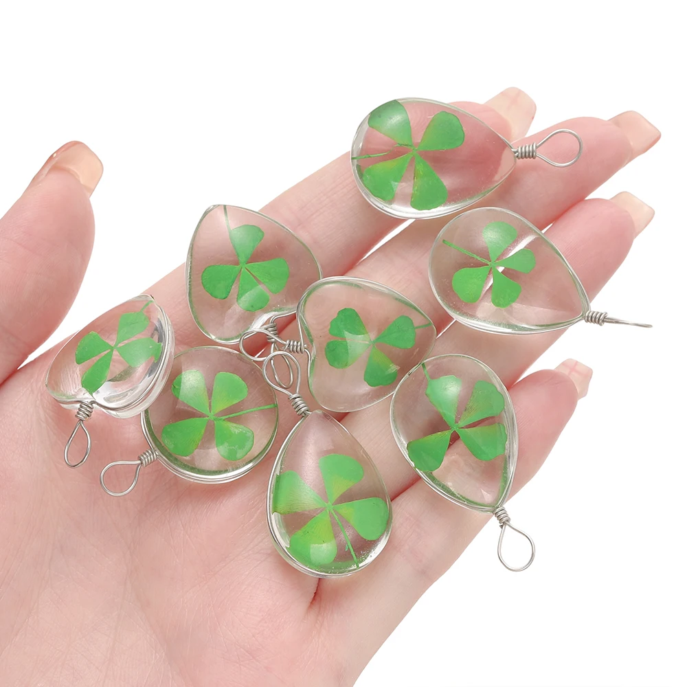 5pcs/Lot Glass Lucky Four Leaf Clover Pendant Handmade Green Natural Dried Flowers Ornament DIY Necklace Craft Jewelry Making