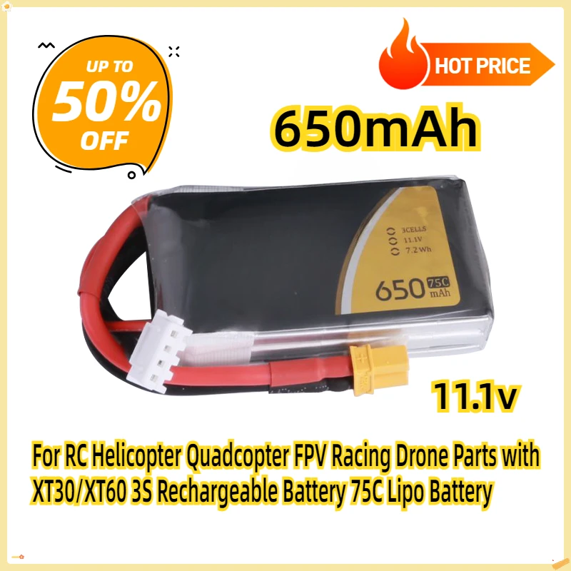 For RC Helicopter Quadcopter FPV Racing Drone Parts with XT30/XT60 3S Rechargeable Battery  650mAh 75C 11.1V Lipo Battery