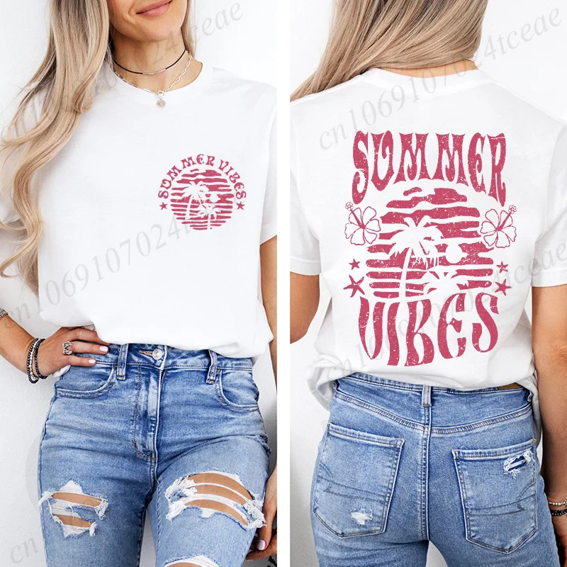 Trendiges Sommer-Vibes-Shirt, Beach-Vibes-T-Shirt, Urlaubs-T-Shirts für Damen, Vintage-T-Shirts, kurzärmliges T-Shirt, lässige Sommer-Tops – Detail 4