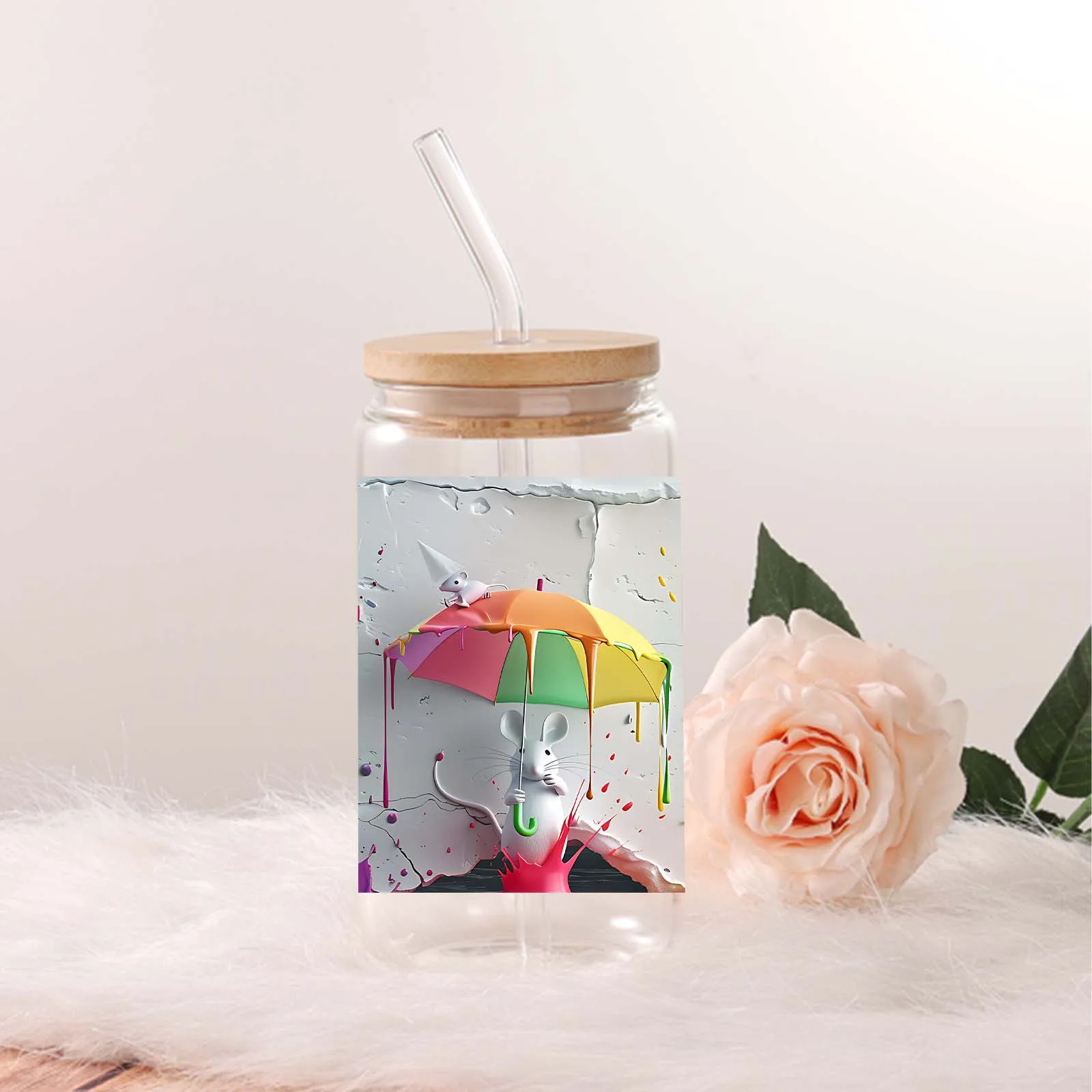 Mouse Holding A Colorful Umbrella 3d Printed 16oz Glass Soda Cup With Lid&Straw Ice Juice Coffee Glass Holiday Season Gift