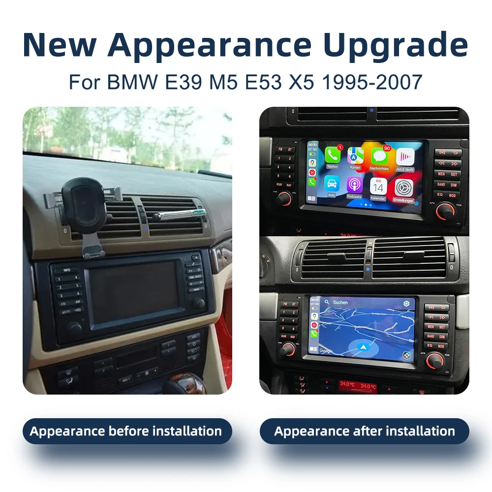 Car Multimedia Player Android 14.0 CarPlay GPS Navigation 4G WiFi Bluetooth RDS Stereo Car Radio for BMW E39 M5 E53 X5 1995-2007