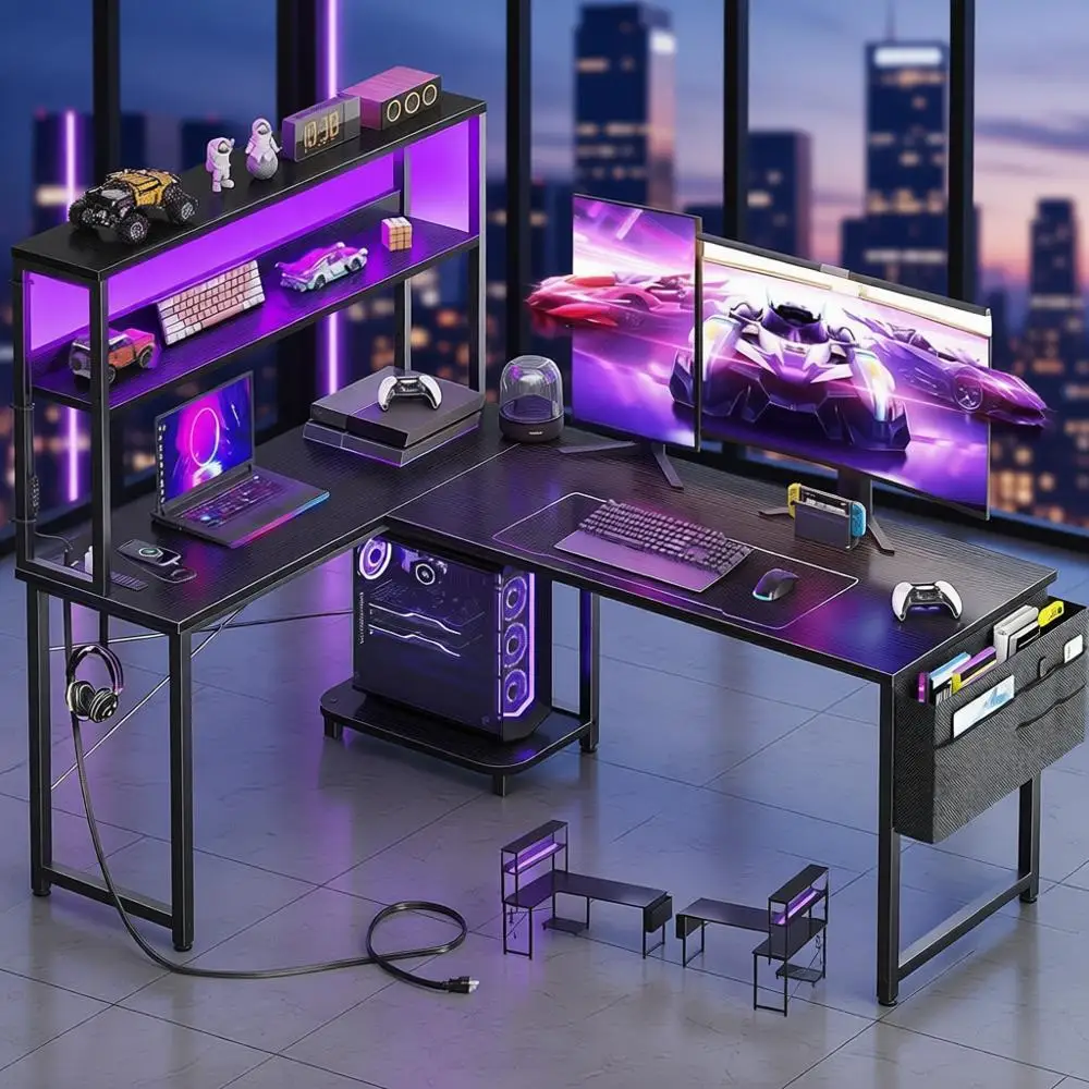 مكتب ألعاب بإضاءة LED مقاس 53 بوصة على شكل حرف L مع مساحة تخزين ورف ومخرج طاقة للمكتب المنزلي، أسود