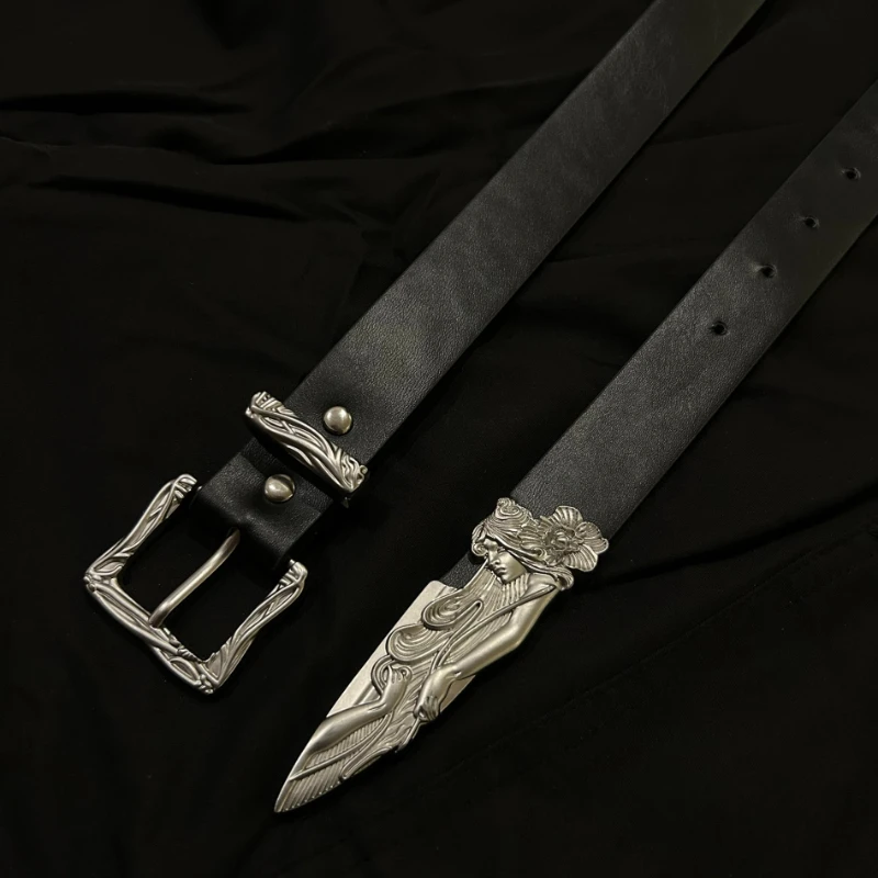 Original Beauty Niche Carved Handmade Belt Cool Punk Style Retro Belt Y2K Vintage Broken Sword Western Denim Belt