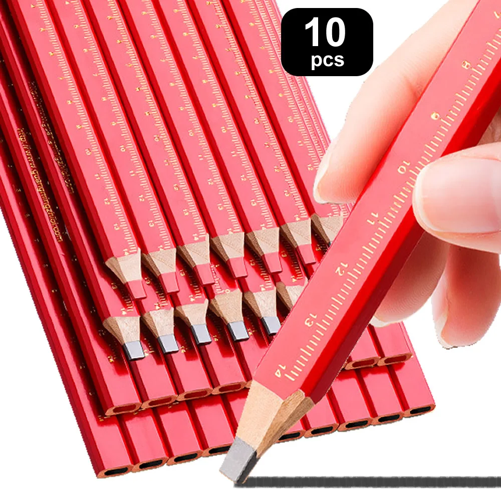 

10 шт., деревообрабатывающие карандаши, специальная маркировка для рабочих, специальная ручка с плоской головкой, деревянная, черная, восьмиугольная, красная, квадратная, линии для рисования
