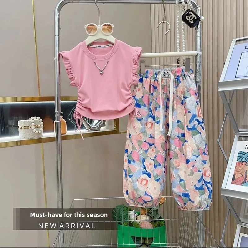 

Летняя одежда для девочек, детский ор Све, повседневный модный комплект детской одежды, круглый однотонный корейский шелковый топ