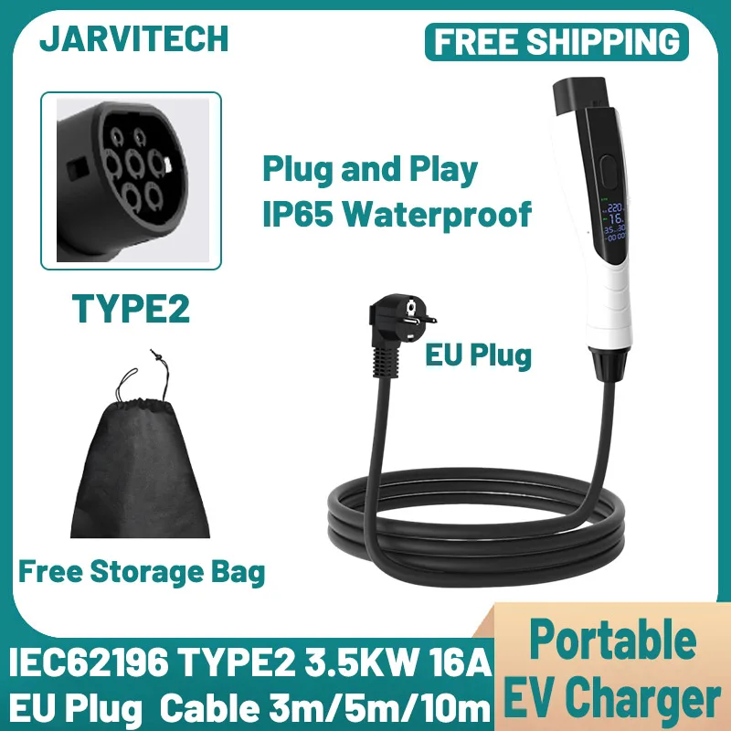 

3.5KW 16A Portable EV Charger with 3M-10M Cable IEC62196 TYPE2 EVSE EU Plug Safe Charging For AUDI BMW TOYOTA Electric Vehicles