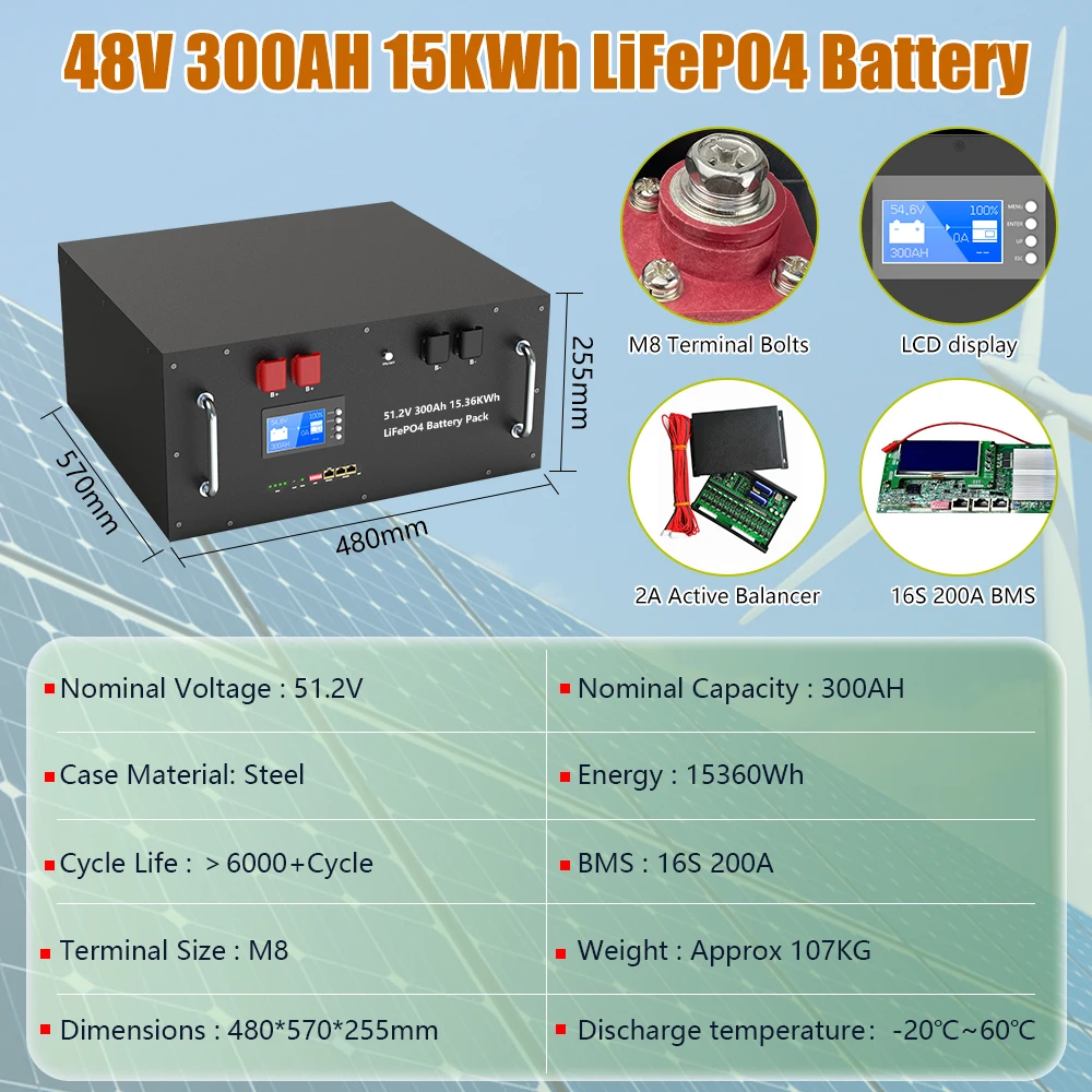 EU Stock 48V 300Ah LiFePO4 Battery Pack Active Equalizer 15Kwh 100Ah 120Ah 200Ah 150Ah 6000 Cycles RS485 CAN Home Energy Storage