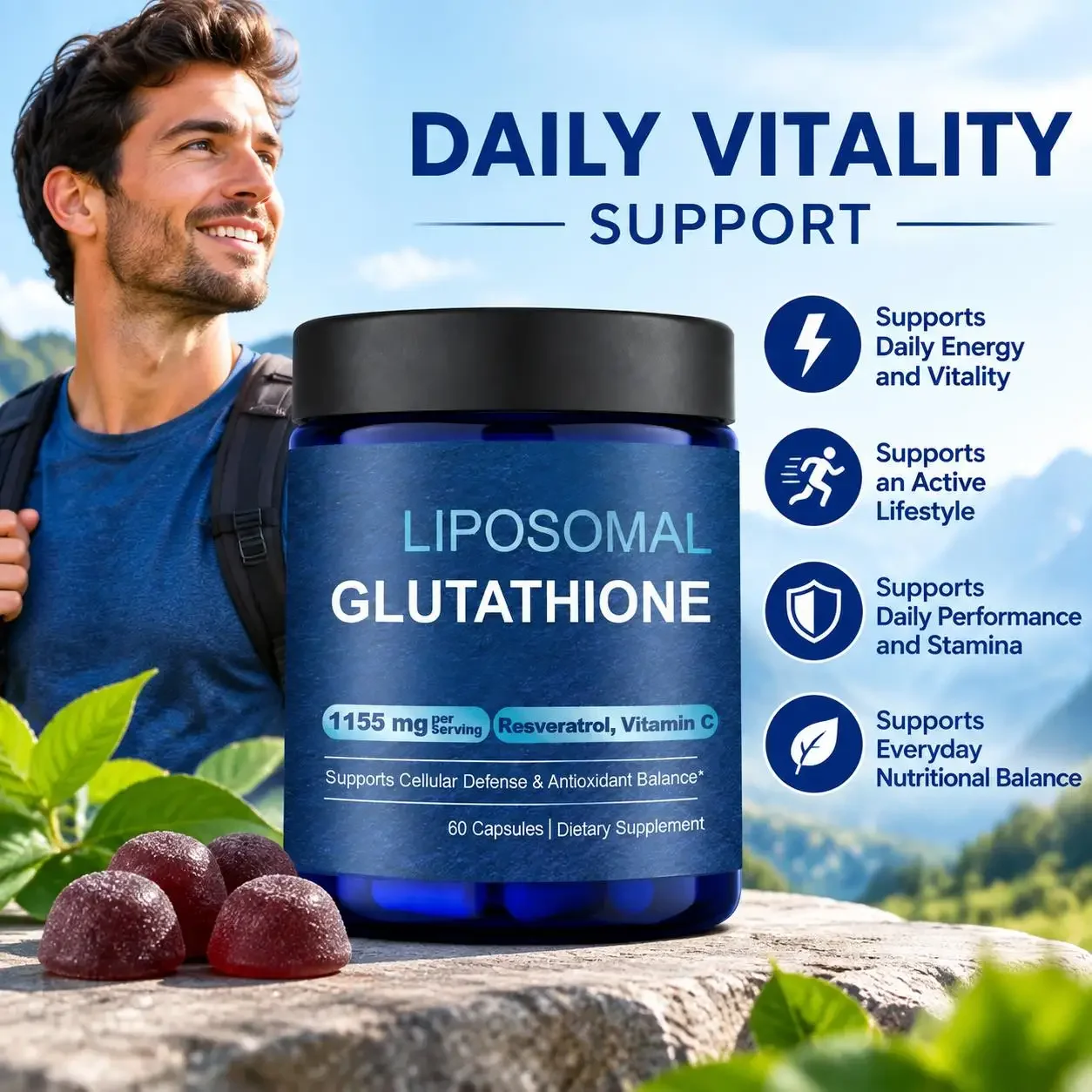 Liposomal Glutathione 1000mg with Resveratrol Vitamin C Skin Radiance Cellular Health Master Antioxidant Support 60 Capsules