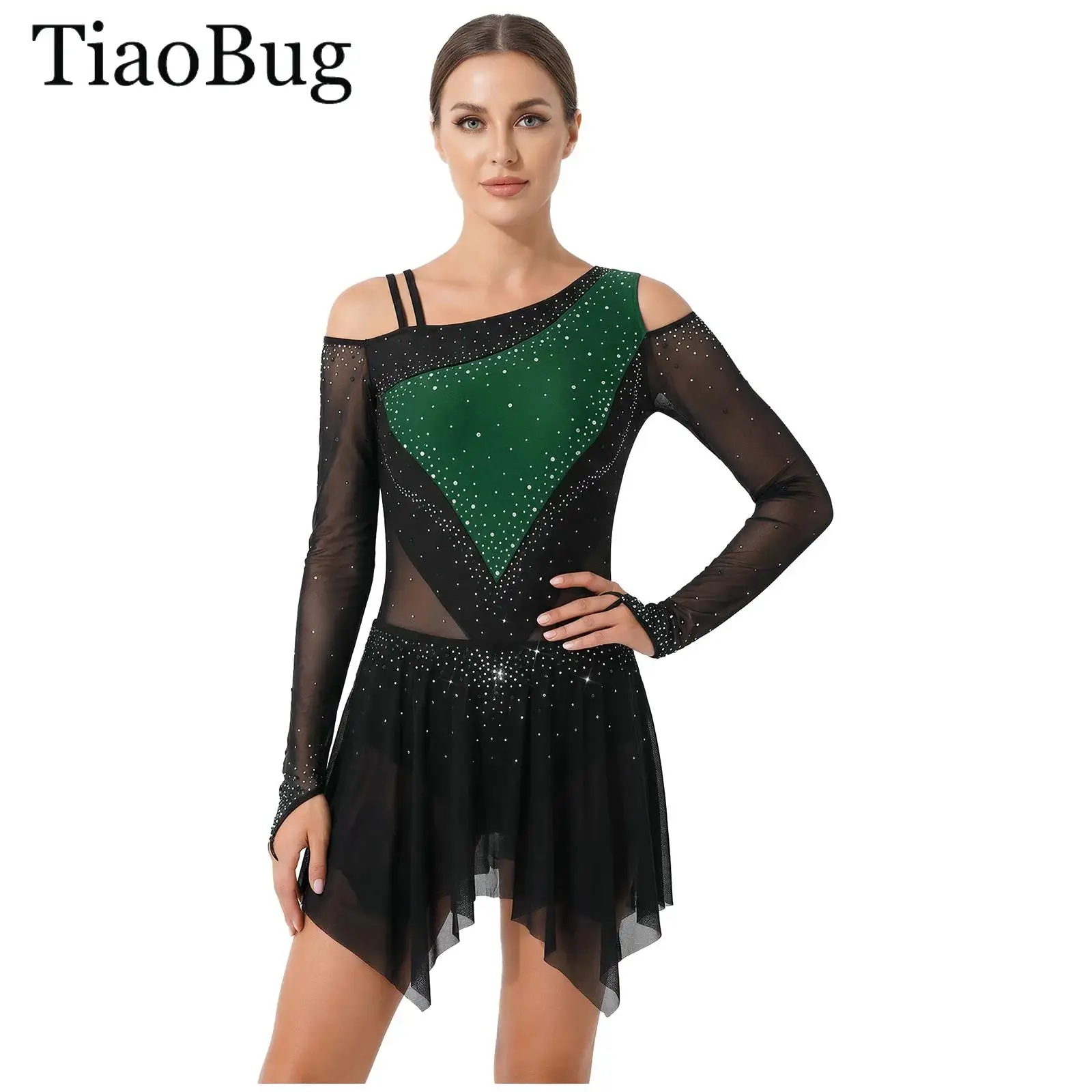 

Women Sparkly Rhinestone Ballet Jersey Leotard Dress Asymmetrical Shoulder Mesh Gymnastics Artistic Figure Ice Skating Bodysuit