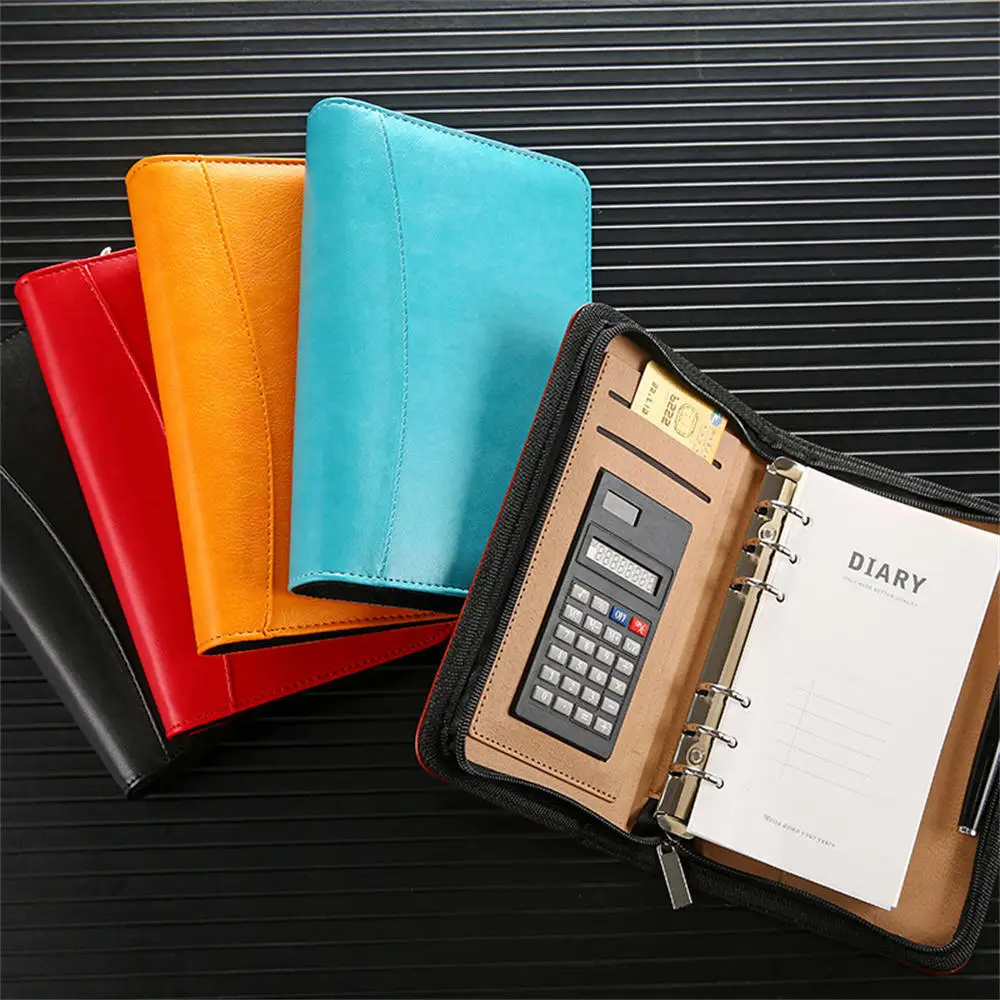 A6 PU Leather Business Notebook With Zipper Loose Leaf Folder Diary Binder Notebook With Calculator Journal Book Notepad