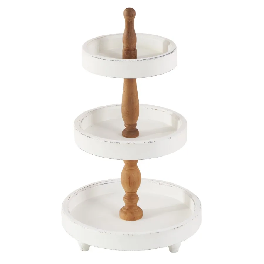 

15" x 24" White Wood 3 Tiered Server with Brown Turned Stand 1-Piece