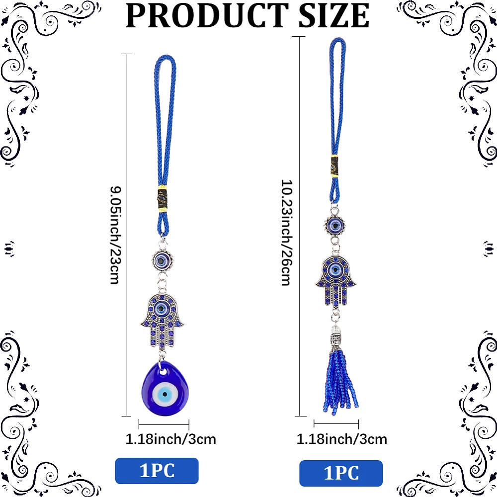 4Pcs Blue Glass Car Pendant Hamsa Hand Hanging Ornament with Rope Rear View Mirror Beaded Decoration Lucky Charms Accessories