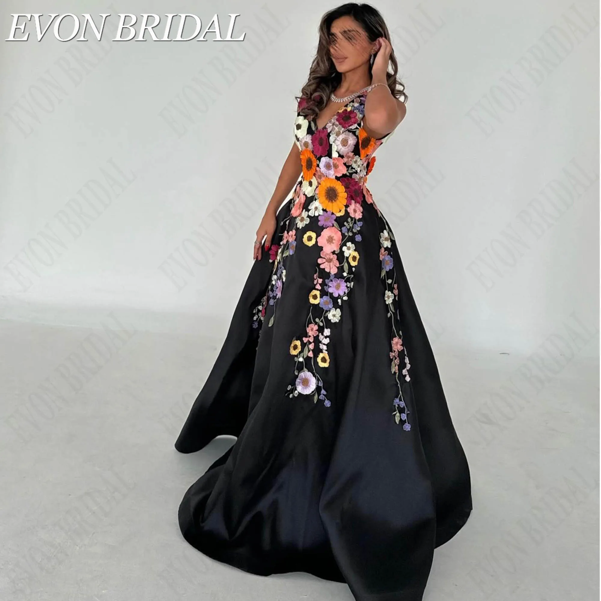 EVON BRIDAL 2026 Customized Satin Women’s Formal Prom Dresses V-Neck Floral Applique Gala Gowns A-Line Sleeveless Robe De Soirée