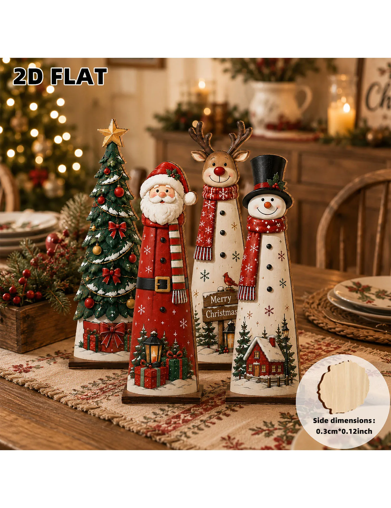 2D flat Christmas wooden home decoration ornament, Santa Claus reindeer snowman Christmas tree set desktop holiday decoration
