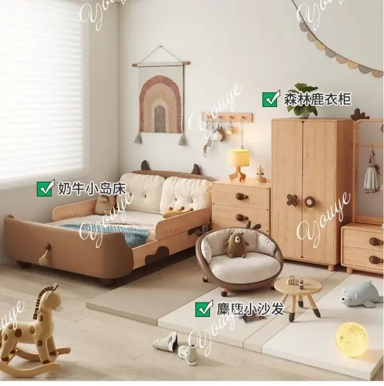 

N49 Остров коровы, детская кровать из цельного дерева, односпальная кровать для мальчиков, новинка 2025, кровать принцессы для девочек с ограждением, детская спальня