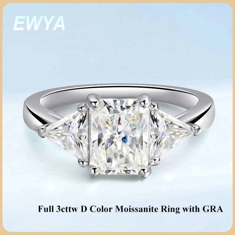 EWYA 3cttw Radiant Cut D Color VVS Moissanite Diamond Ring Band For Women 925 Silver GRA Certified Wedding Bridal Rings Gift