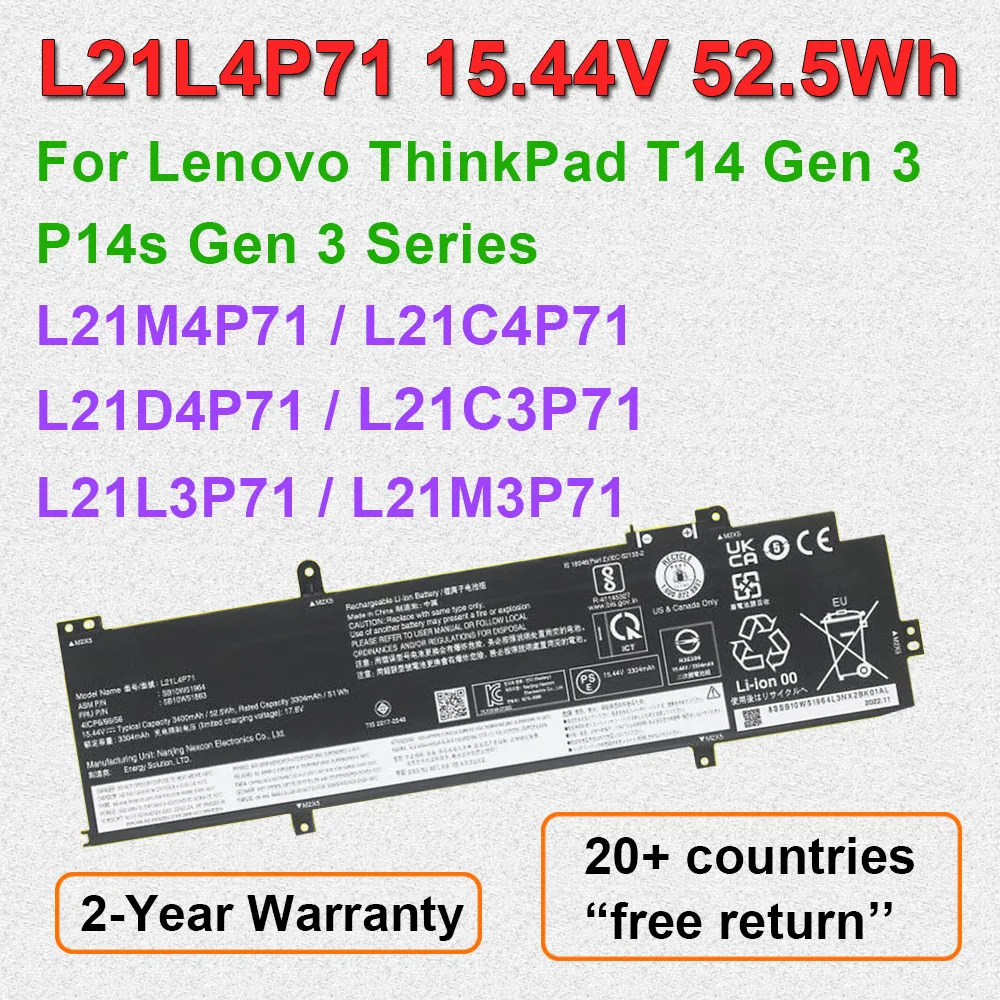 

Laptop Battery For Lenovo ThinkPad T14 P14s Gen 3 Series L21L4P71 L21M3P71 L21C3P71 L21L3P71 L21M4P71 L21C4P71 L21C4P72 L21M4P72