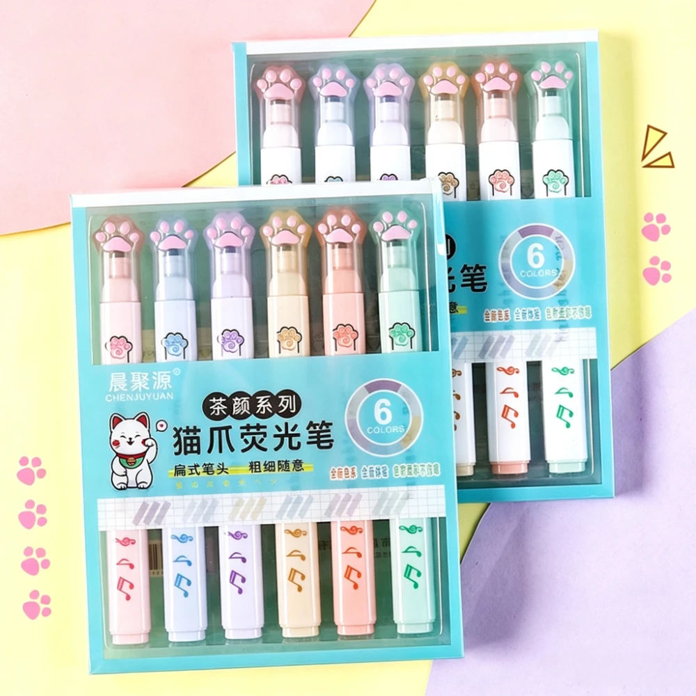 6Pcs/Set Kawaii Cat Paw Highlighter Pen 6 Colors Pastel Oblique Tip Markers Student Journaling Drawing School Office Stationery