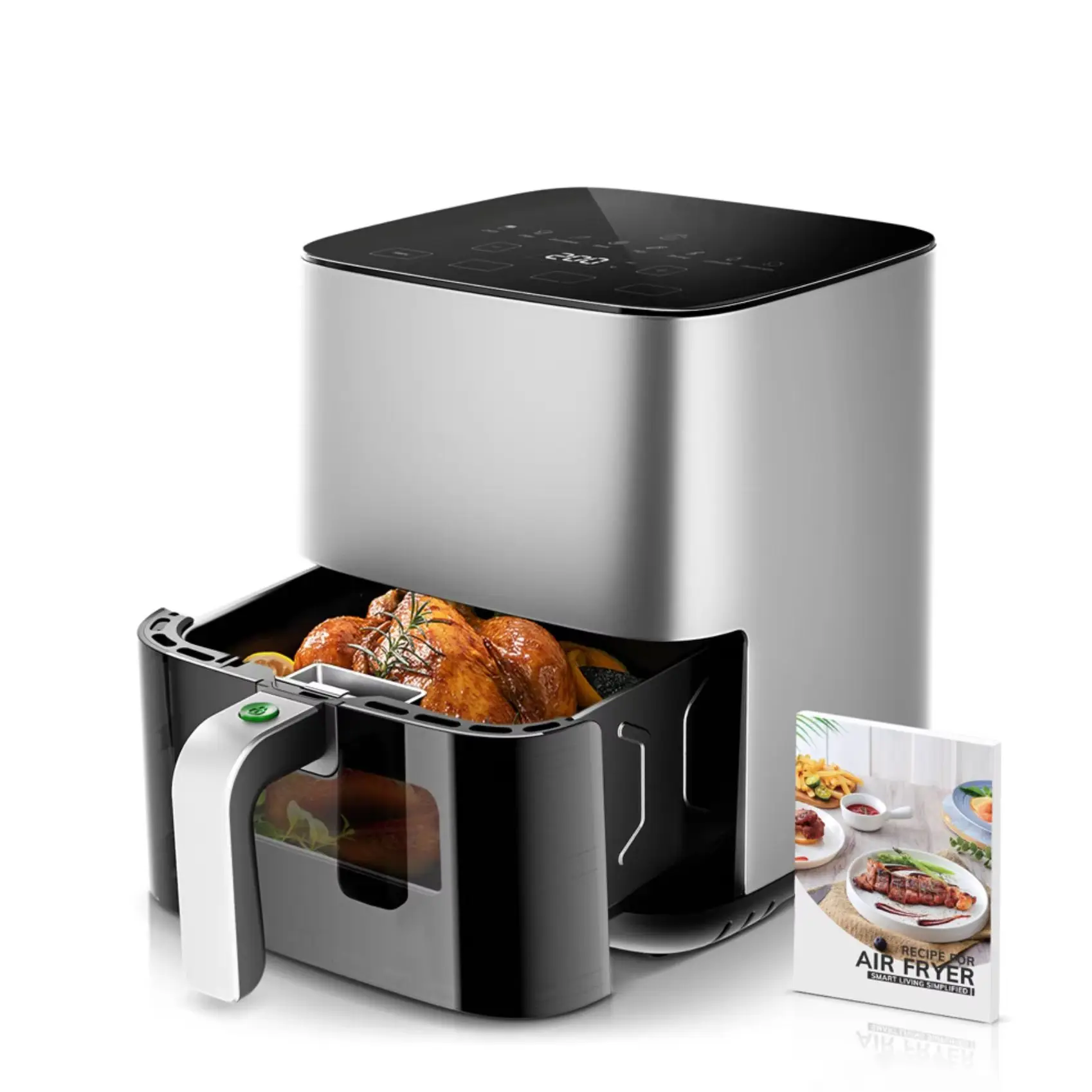 Freidora de Aire de 1450W y 5L con Caja de Vapor Hidratante, 360 °Freidora de Aire Caliente en Espiral, Pantalla Táctil con 8 Ajustes