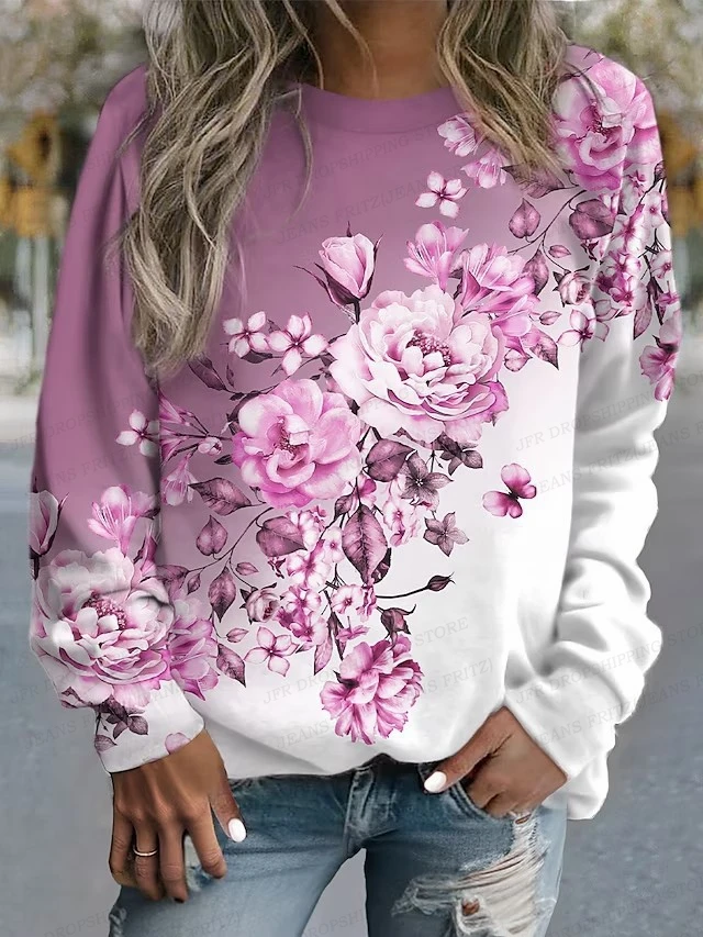 Floral Hoodie Women Fashion Hoodies Flower 3d Print Round Neck Long Sleeve Hoodie Elegant Harajuku Sweats Gym Tracksuit Clothing