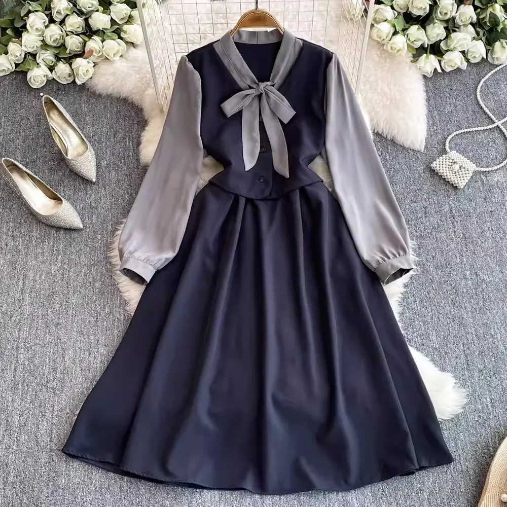 Vintage Long Sleeves Elegant Butterfly Bow Collar Chic Fake Two-piece Slim Dresses French High Street Autumn Plus Size Clothing