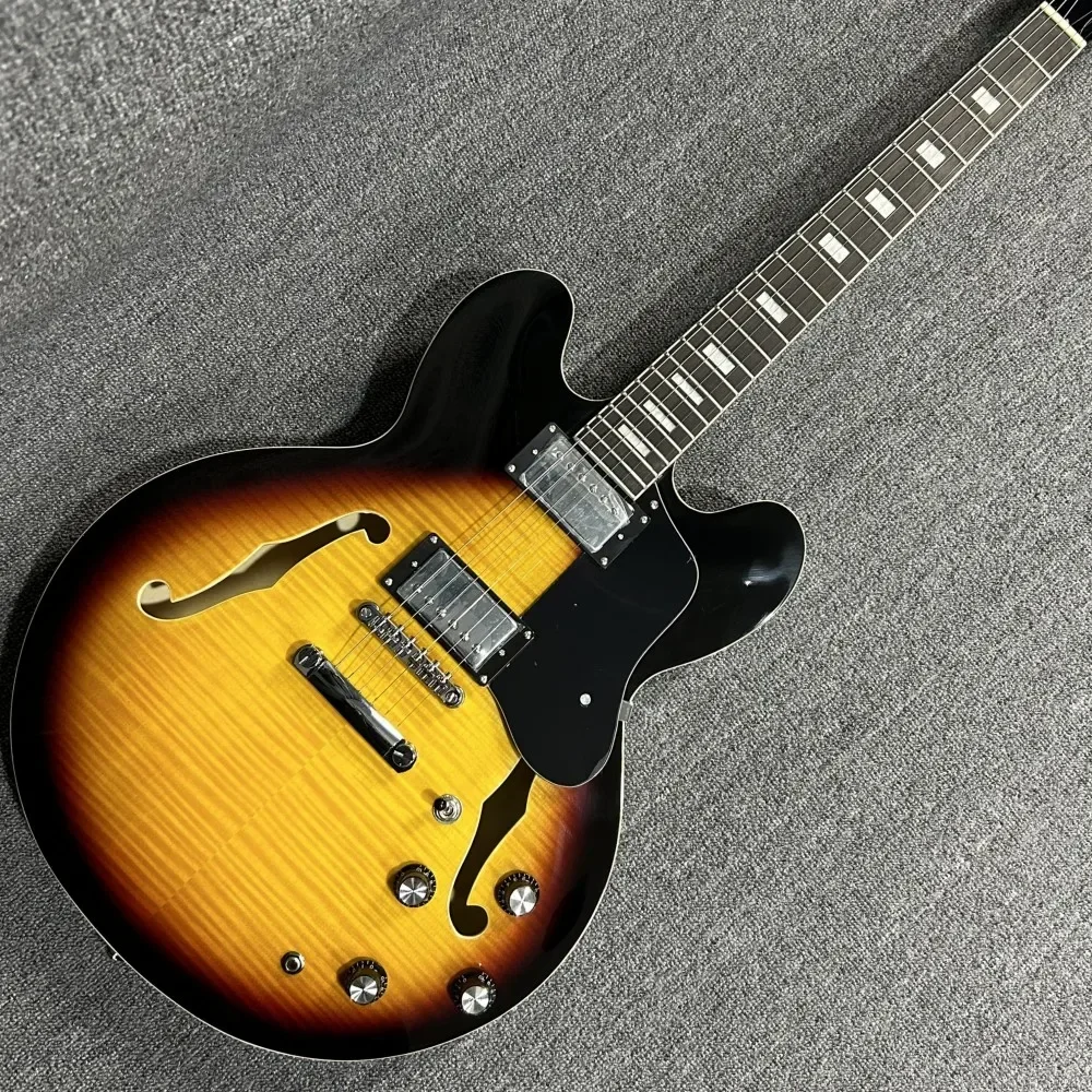Gran oferta, guitarra eléctrica Vintage Sunburst 335 HH 6 pastillas, cuerda semihueca, diapasón de palisandro, cuerpo de arce en Stock