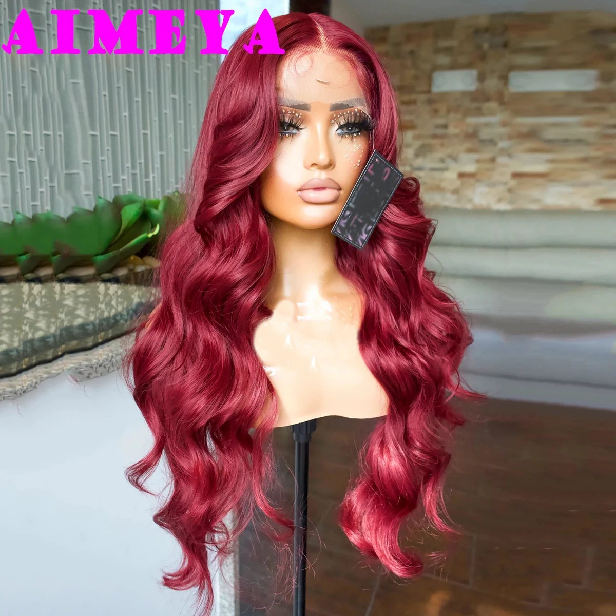 AIMEYA Wine Red Lace Front Wig Synthetic Long Body Wave Burgundy Wig Natural Hairline Daily Use Cosplay Wigs Heat Resistant