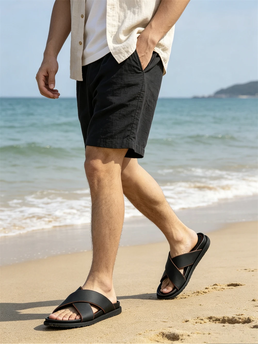 Men Cross Strap Slide Sandals Genuine Leather Open Toe Slippers Thick Sole Casual Beach Walking Shoes For Summer Daily Wear