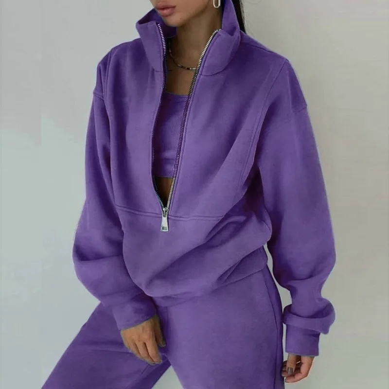 

Simple Casual Hoodie 2-piece Set 2025 Autumn/Winter Womens Pants Suit Loose Long-sleeved Stand-up Collar Zipper Commuting Outfit