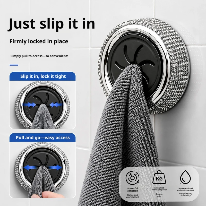 Shiny Rhinestone No Drill Wall Hook Self Adhesive Towel Hanging Holder Bathroom Kitchen Cloth Organizer Home Decorative Storage