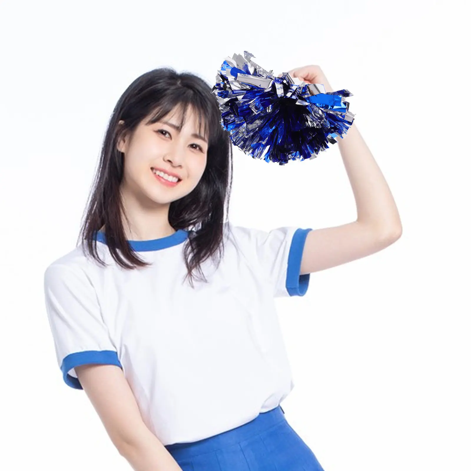 

Помпоны для черлидинга синие с серебристой металлической фольгой, яркие, насыщенные цвета, для спортивных выступлений, с лентами из металлической фольги