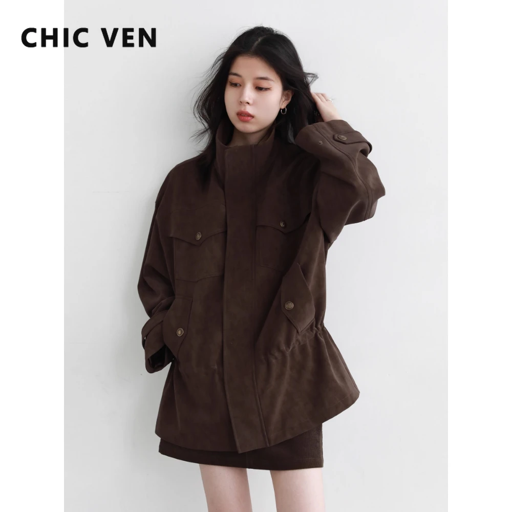 CHIC VEN nuevas mujeres abrigo de piel sintética cuello alto Retro ante nuevo cintura ajustable longitud media chaqueta femenina Otoño Invierno 2025