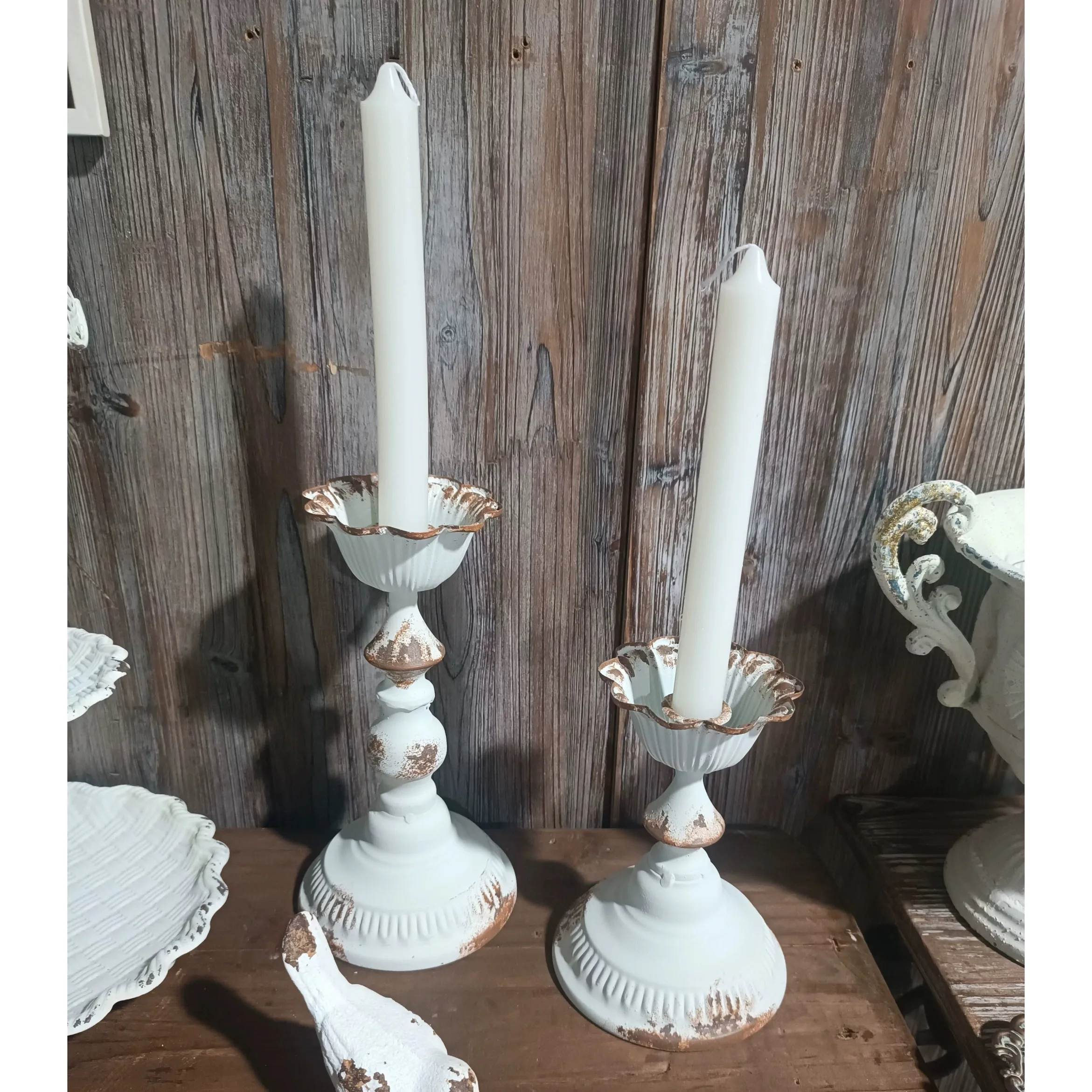 Vintage Distressed Candle Holders, Antique White Metal Candlesticks with Scalloped Cup, Decorative Pedestal Candle Stands