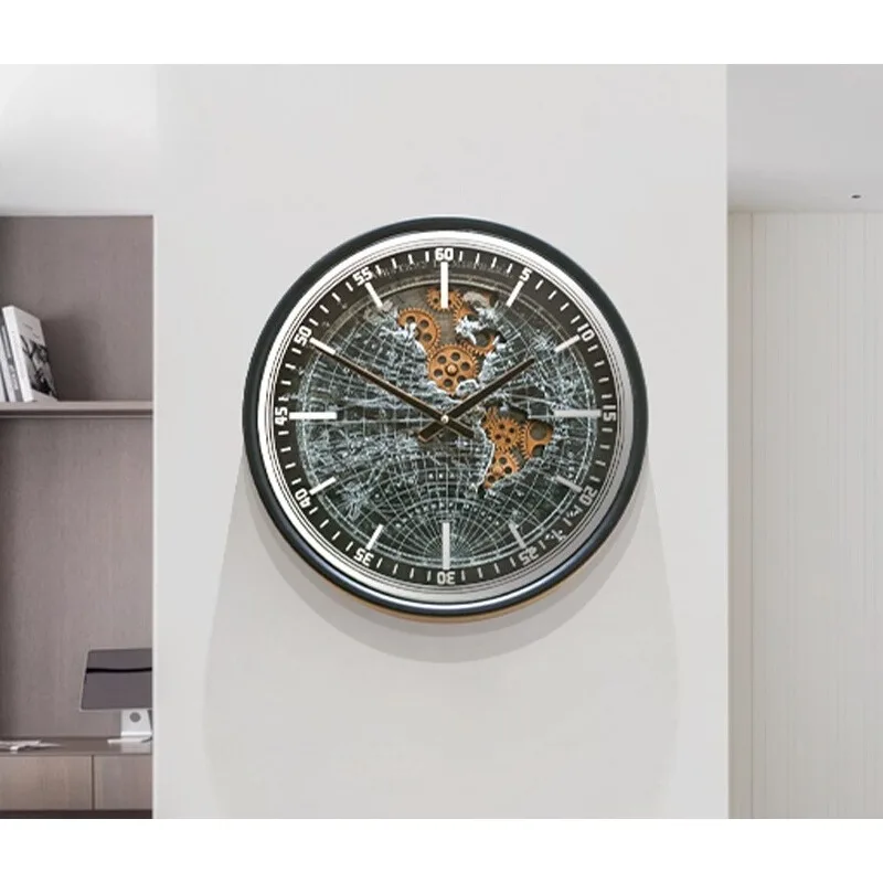 Vintage Steampunk Wall Clock, Industrial Iron Gear Mechanism with Earth Design, Retro Wall Decor for Living Room, Office, Cafe