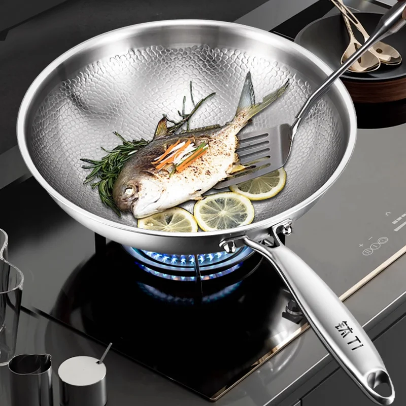 Sonqiang Titanium Wok Pure Titanium Uncoated Wok Household Flat Bottom Hammer Printing Physical Non-Stick Frying Pan Gas Stove