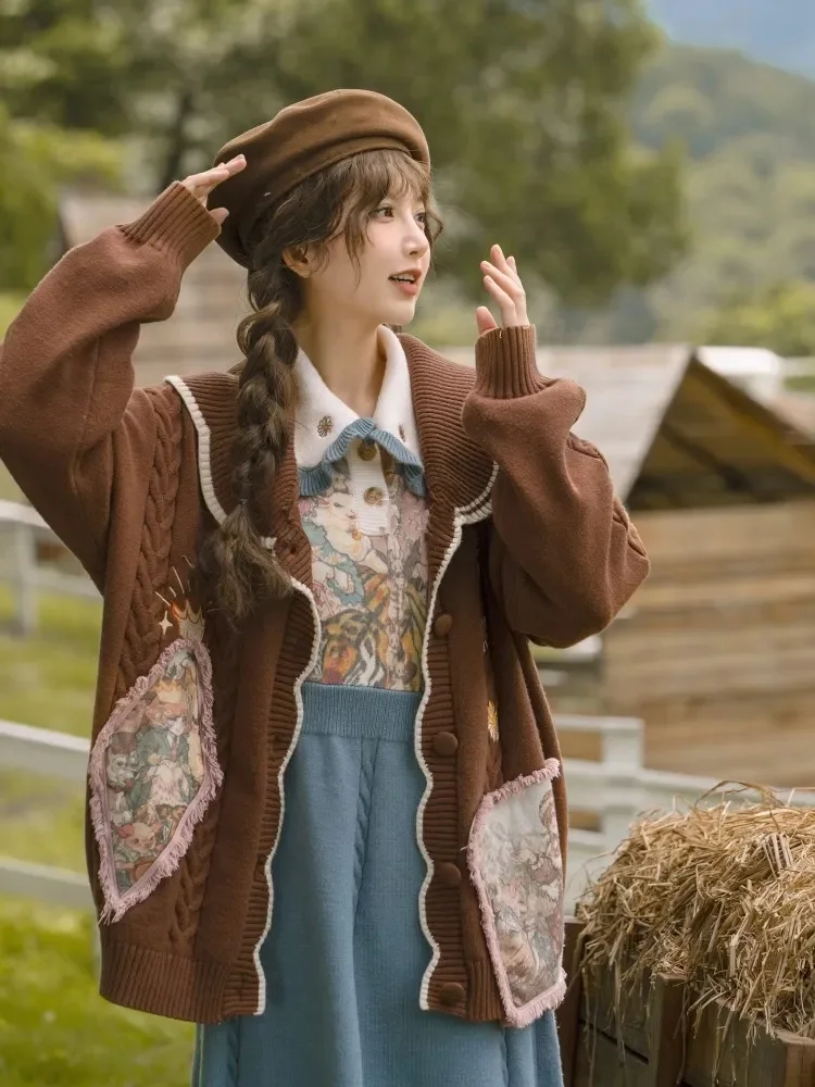 Kawaii Cartoon Jacquard Cardigan Women Vintage Jk Uniform Sweater Coat Autumn Winter Girls Y2k Knitted Tops Sueters De Mujer