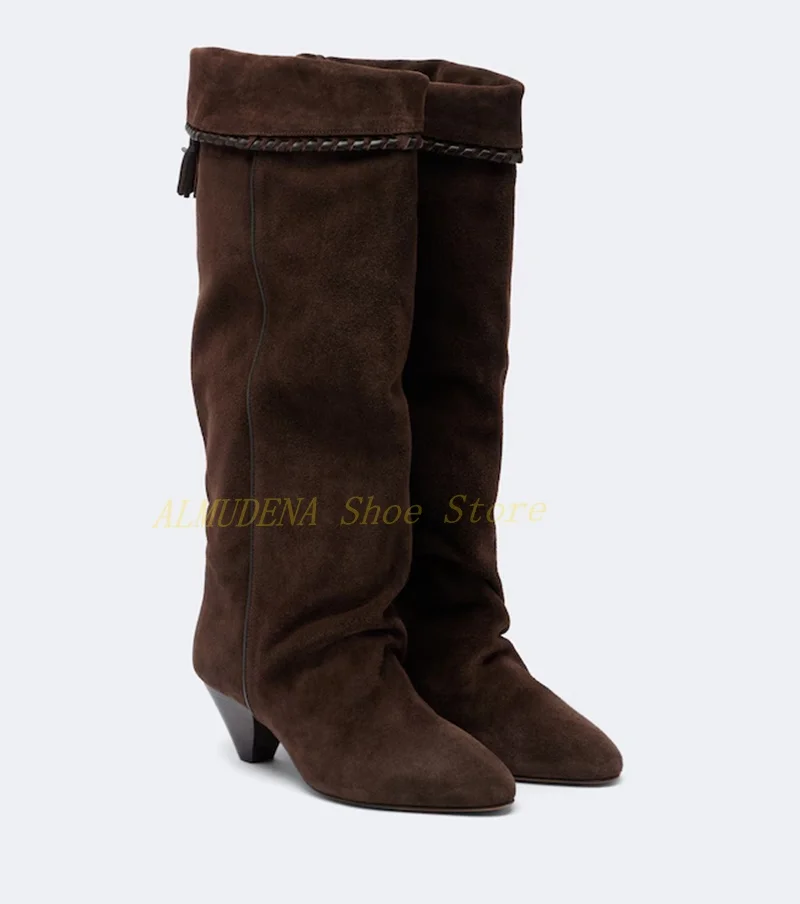 Suede Slip On Slouchy Knee High Boots Spike Heel Sexy Pointy Toe Runway 2026 Winter Autumn Women Dress Solid Shoes Handmade