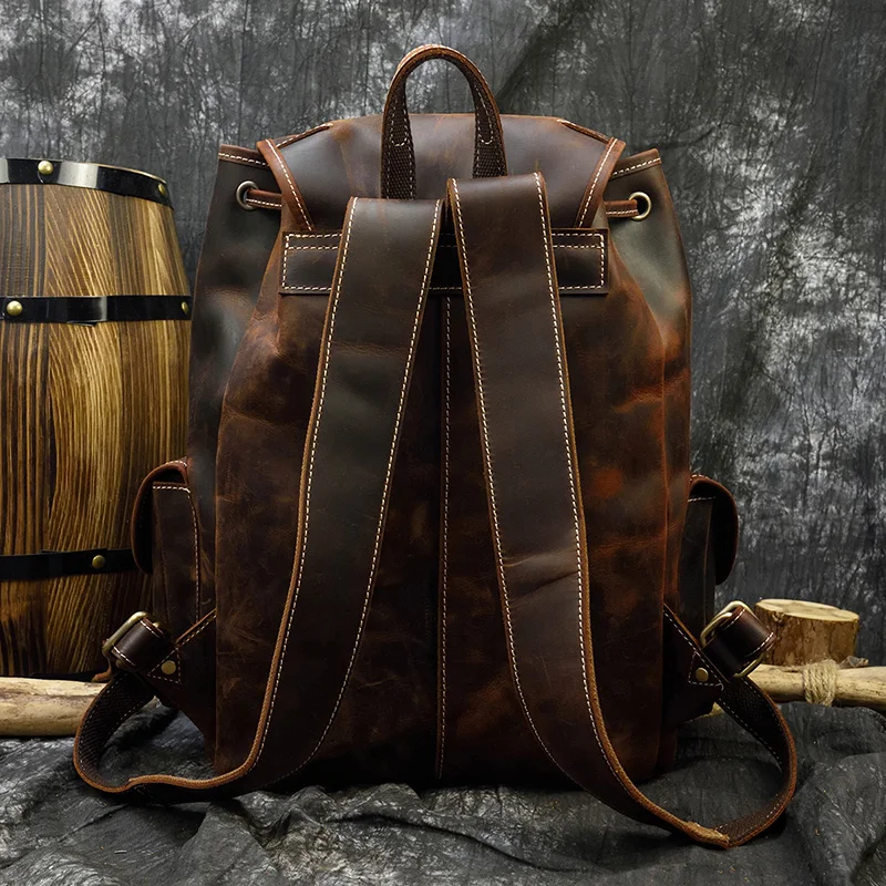 Vintage Crazy Horse Leather Mens Backpack Thick Genuine Leather Women Rucksack Big Capacity Travel Bag School Backpack