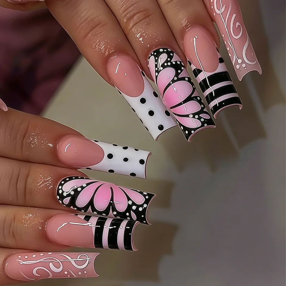 24 uñas postizas francesas con degradado negro y rosa, estilo Y2K, estampado de leopardo y lunares, cuadradas, con moño 3D, reutilizables 3
