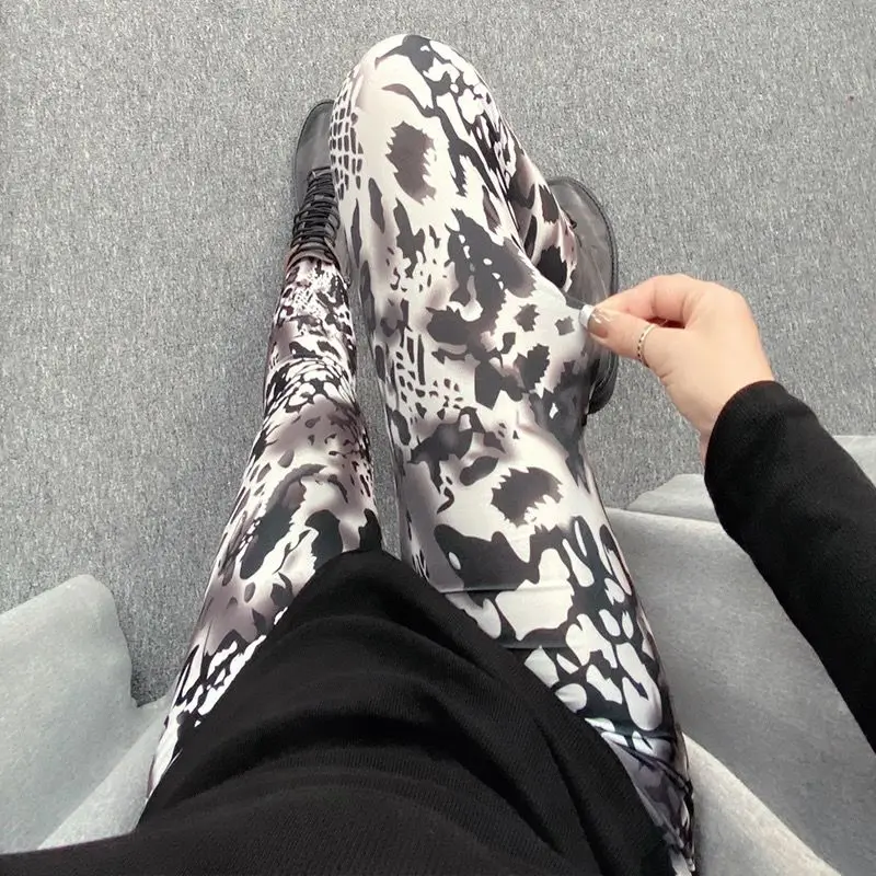 Women's Edgy Leopard Print Streetwear Leggings - High Waist Elastic Slimming Pants, Trendy Skinny Full Length Outer Wear Tights